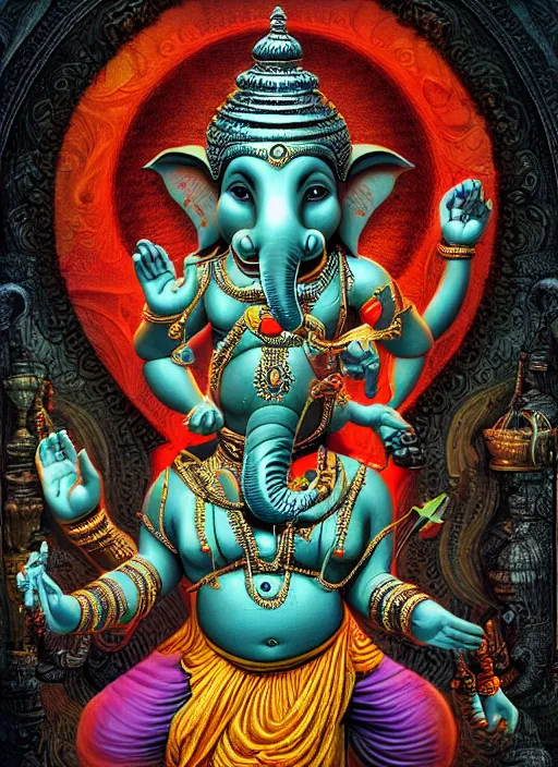 Prompt: ganesh tripping on acid, basil wolverton, hr giger, disney, Picasso, octane render