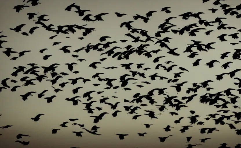 Image similar to low angle photo of a flock of birds scene from the travel plaza window, scene from being john malcovich film directed by charlie kaufman ( 2 0 0 1 ), moody cinematography and lighting, 2 4 mm anamorphic lens