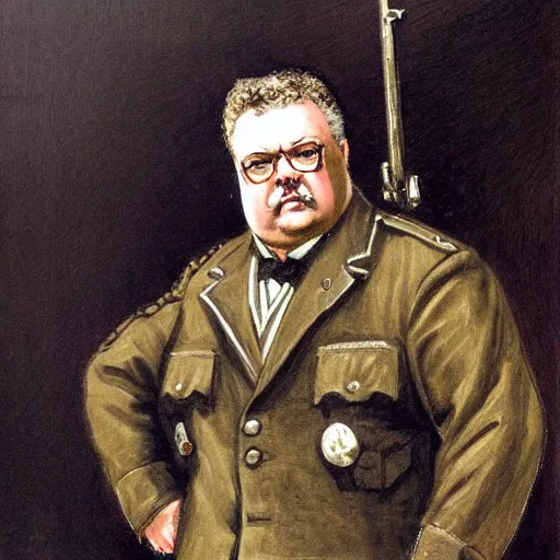 Prompt: gk chesterton as a buff mercenary in military gear. portrait by james gurney.