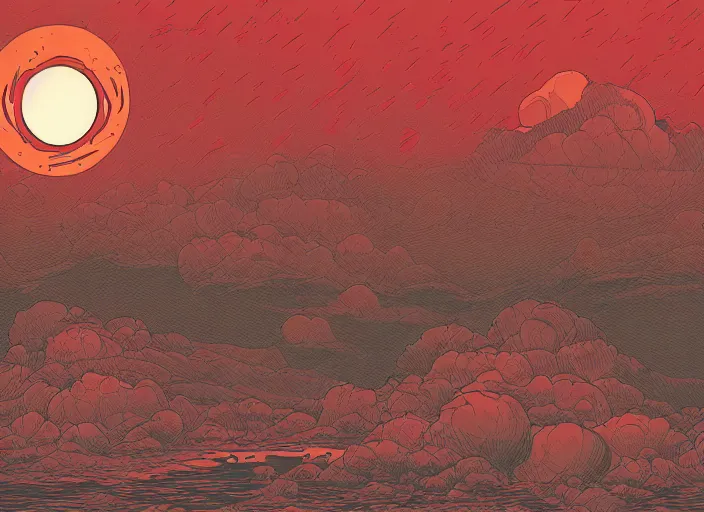 Prompt: an illustration of a red sun in a cloudy sky, an illustration by dan mumford, deviantart, apocalypse landscape, illustration