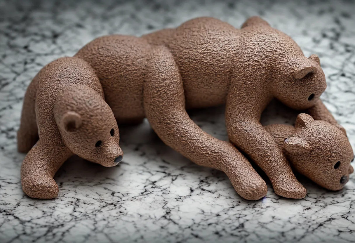 Image similar to clay bear figurine on marble table, highly detailed photo, hyper realism, low depth of field