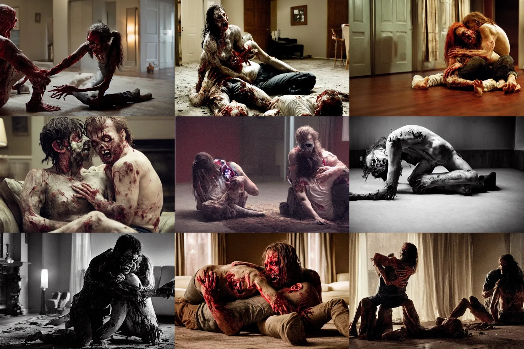 Prompt: zombie man sitting on the floor while devouring a woman, hugging each other in living room of a modern kentucky house, cinematic, filmic, low - key lighting, by gerald brom, david fincher, dawn of the dead, walking dead