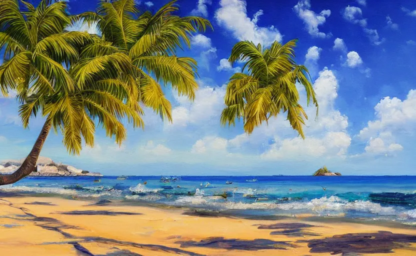 Image similar to A beautiful award winning painting of a tropical beach with palm trees and blue ocean, trending on artstation