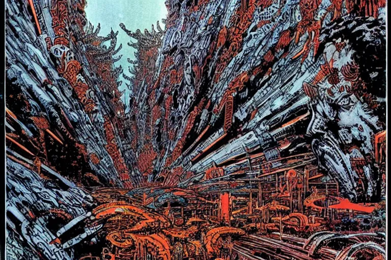 Prompt: landscape by Philippe Druillet