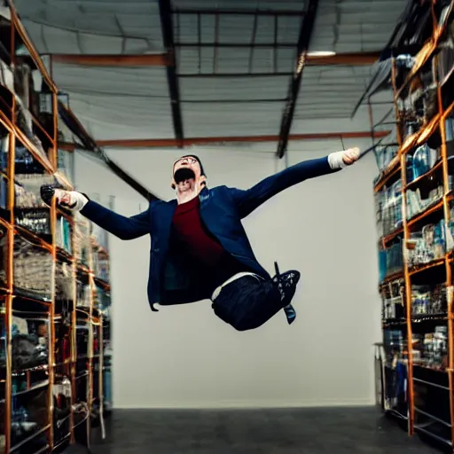 Image similar to an elgant detailed portrait of a man boisterously dancing around the room by himself holding an empty wine bottle as he jumps in the air in a (warehouse), striking artistic concept, perfect composition, detailed facial expression, fine detail, dramatic lighting, award-winning photo UHD, 4K