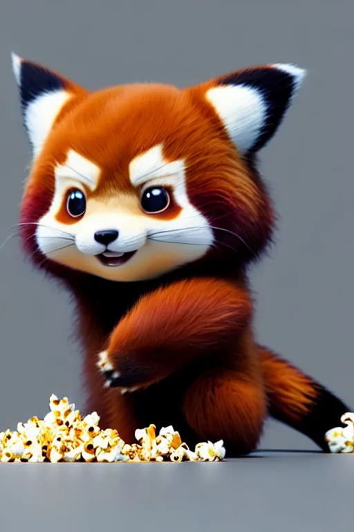 Image similar to high quality 3 d render hyperrealist very cute happy red panda & cat hybrid stuffing face with popcorn, vray smooth, in the style of detective pikachu, very dramatic light, low angle, uhd 8 k, shallow depth or field