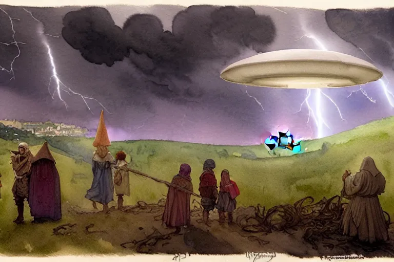 Prompt: a hyperrealist watercolor concept art of a scary ufo in the sky above a small medieval town during a thunderstorm. a dirty medieval peasant child is in the foreground. very muted colors, by rebecca guay, michael kaluta, charles vess. high detail, hq, wide shot, 4 k
