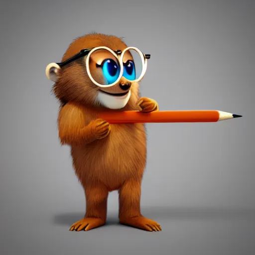 Image similar to cute anthro brown marmot in a suit while holding a pencil, cartoon, digital art, 3 d rendered in octane, pixar character, blender, maya, shadows, lighting