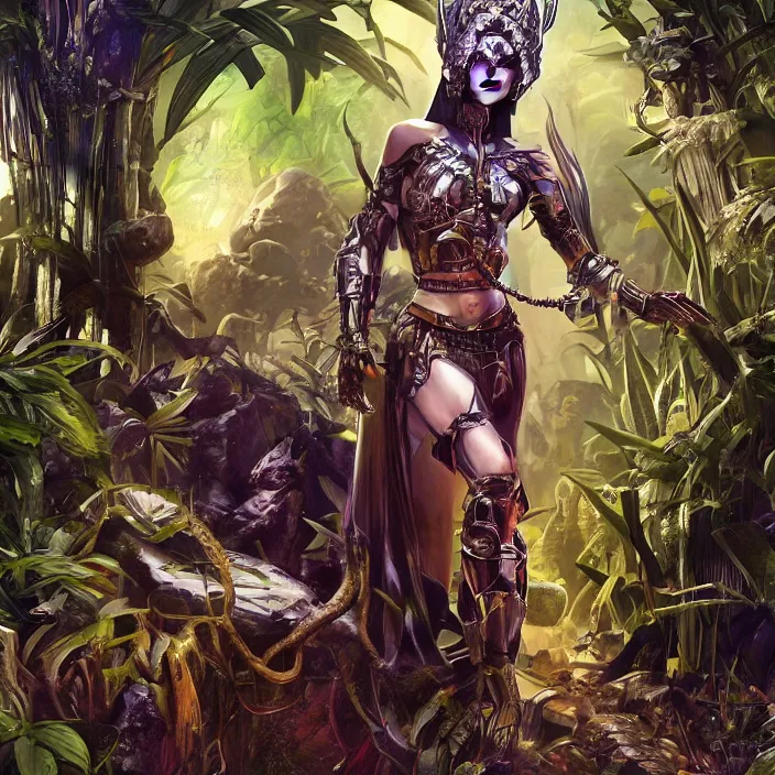 Image similar to mystical evil android queen with obsidian eyes, wearing an elaborate helmet, in a jungle, octane render, 8 k, unreal engine, by todd mcfarlane and artgerm and greg rutkowski and alphonse mucha