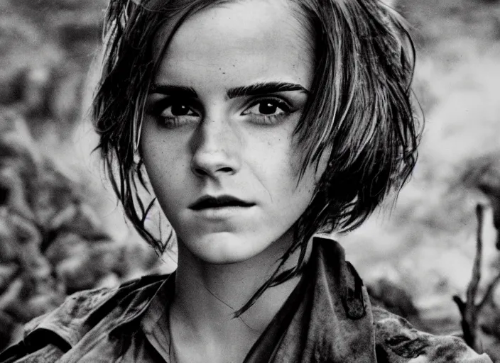 Prompt: emma watson portrait, battle of khe sanh, landscape background burned trees,