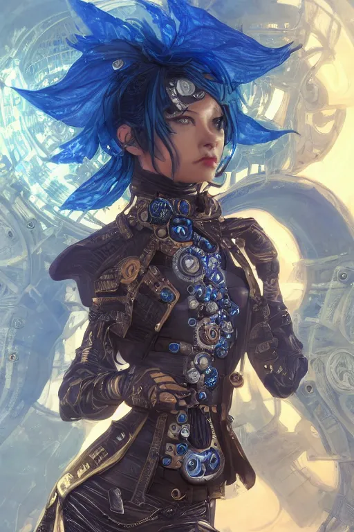 Image similar to a Portrait of a steampunk sci-fi ninja, third person, D&D, sci-fi fantasy, intricate, blue and gold, highly detailed , art by Range Murata, rim lighting, highly detailed, 3d, octane render, bright colors, digital painting, trending on artstation, sharp focus, illustration style of Stanley Artgerm,