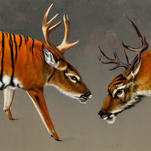Image similar to a painting of deer and tiger facing each other, their heads bowed towards ground by esao andrews