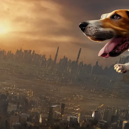 Prompt: gigantic 1 0 0 meters beagle dog attacking a city, epic cinematic, 4 k, very high detail