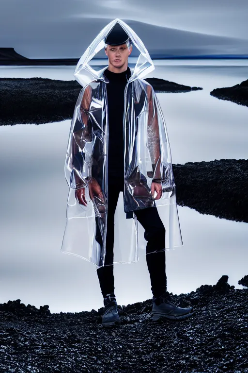 Prompt: an ultra high definition professional high fashion portrait studio full length photograph of a male model wearing a transparent pearlescent raincoat and neon visor laying down in an icelandic black rock environment at dawn. no artefacts. extremely detailed. stark. refraction. shallow depth of field. volumetric light and shadow. ray tracing. light rays.