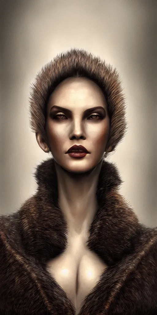 Prompt: a hardcore longshot portrait of a tall dark sombre woman wearing furs in autumn, hyperrealistic, highly detailed, intricate, sci-fi, sharp focus, trending on Artstation HQ, deviantart, unreal engine 5, 4K UHD image, in the style of Tom Bagshaw, Cedric Peyravernay, Peter Mohrbacher