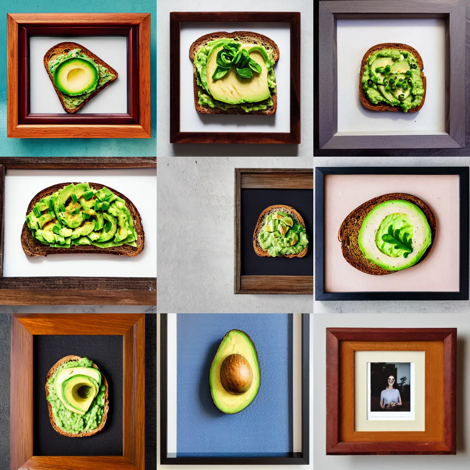 Prompt: a framed photo of avocado toast