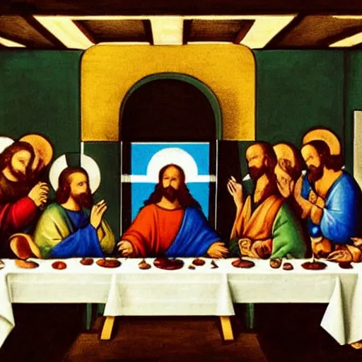 Image similar to Pikachu instead of Jesus at the Last Supper by Leonardo da Vinchi