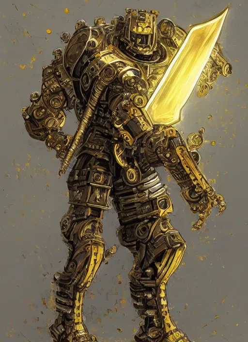 Prompt: dynamic portrait of a intricate glorious holy mechanical warforged character in yellow armor holding a paladin engraved great longsword and carrying a big paladin shield, spotlight from face , epic , trending on ArtStation, masterpiece, cinematic lighting, by Jesper Ejsing and by Yoann Lossel and by John Salminen and by Jackson Pollock and by Marc Simonetti