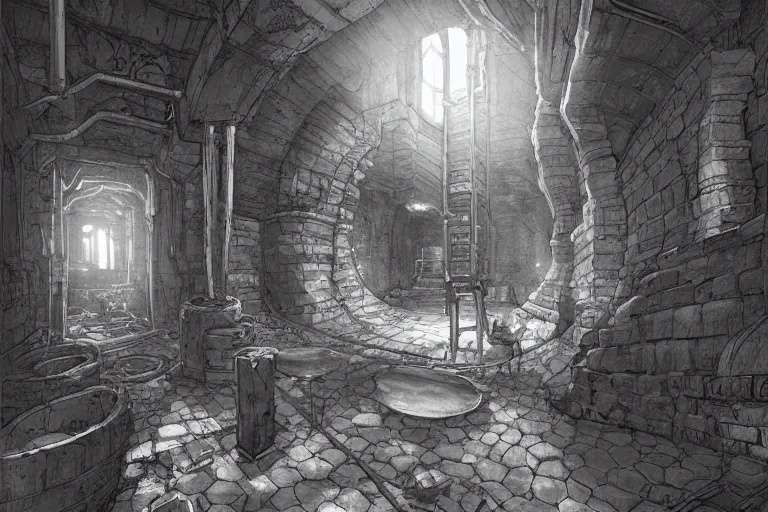 Prompt: black and white one point perspective refinery dungeon cozy fantasy dungeon hallway view with pit in the middle of the ground by artgerm and Craig Mullins, James Jean, Andrey Ryabovichev, Mark Simonetti and Peter Morbacher 16k