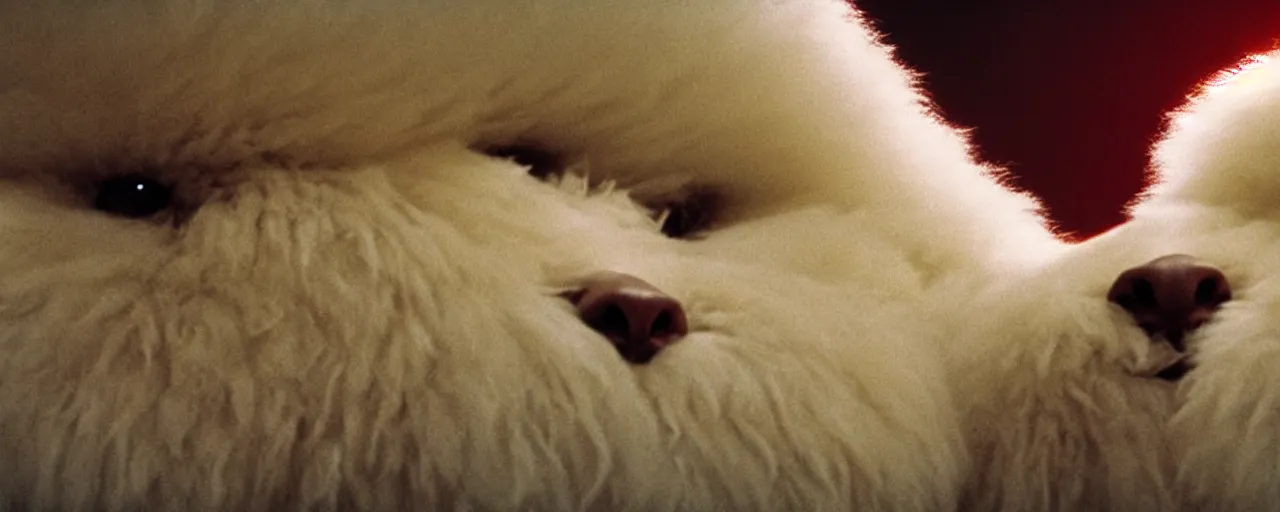 Image similar to a strange huge fluffy furry creature sits in the living room, film still from the movie directed by denis villeneuve with art direction by zdzisław beksinski, close up, telephoto lens, shallow depth of field