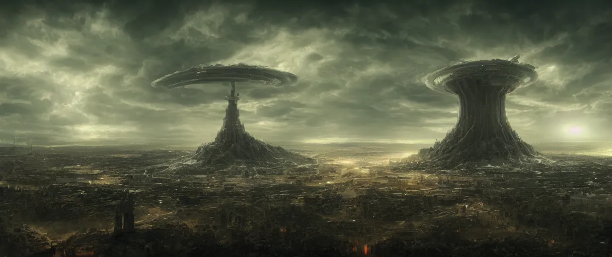 Image similar to detailed giant aliens ship over the tower of babel, beautiful dramatic moody lighting, subsurface scattering, cinematic atmosphere, octane render, Vray, Arnold