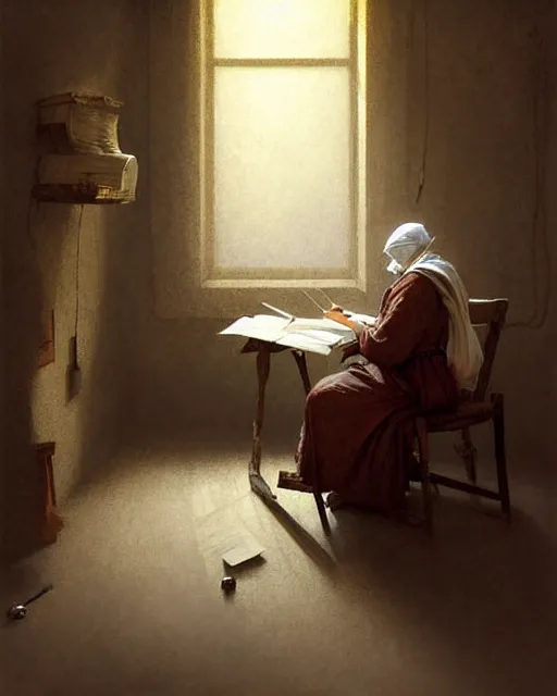 Prompt: old scribe writing a letter in a small dusty room | | realistic shaded, fine details, realistic shaded lighting poster by greg rutkowski, magali villeneuve, artgerm, jeremy lipkin and michael garmash and rob rey