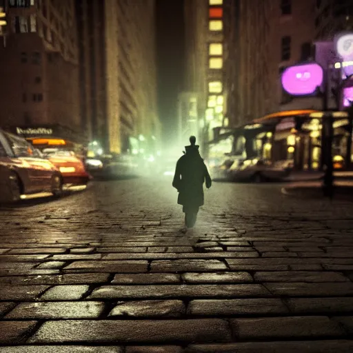 Image similar to ghost of New York, NYC sidewalk, city lights, spooky Halloween fun, trending on artstation, 8k, 4k, volumetric lighting, unity