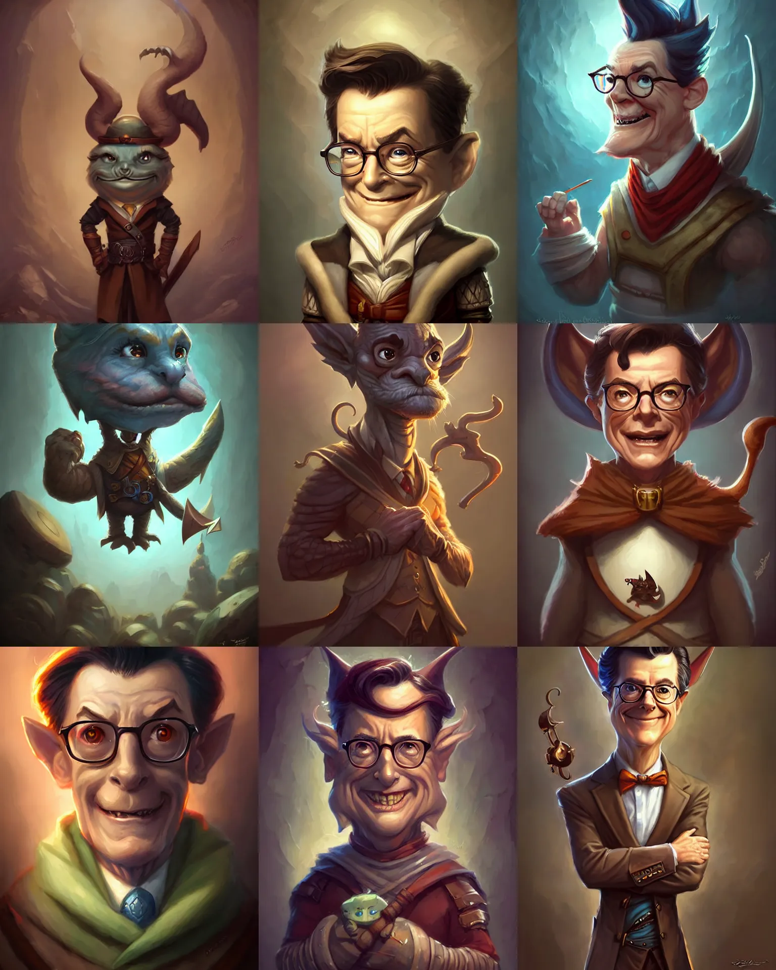 Prompt: cute little anthropomorphic stephen colbert cute and adorable, pretty, beautiful, dnd character art portrait, matte fantasy painting, deviantart artstation, by jason felix by steve argyle by tyler jacobson by peter mohrbacher, cinema