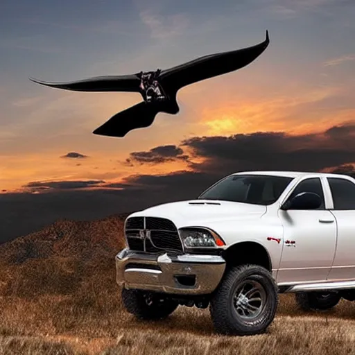 Image similar to dodge ram flying in the sky like an ( ( airplane ) )