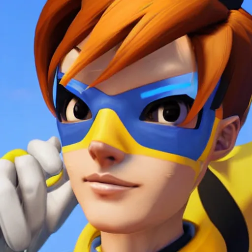 Image similar to accurate digital 3 d artwork of tracer from the game overwatch, facial features, eyes,