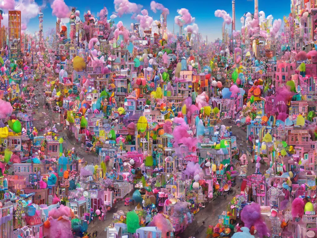 Image similar to an urban landscape where the buildings are made of candies, cotton candy, marshmallow and sweets, david lachapelle, alice in wonderland, trending on artstation,