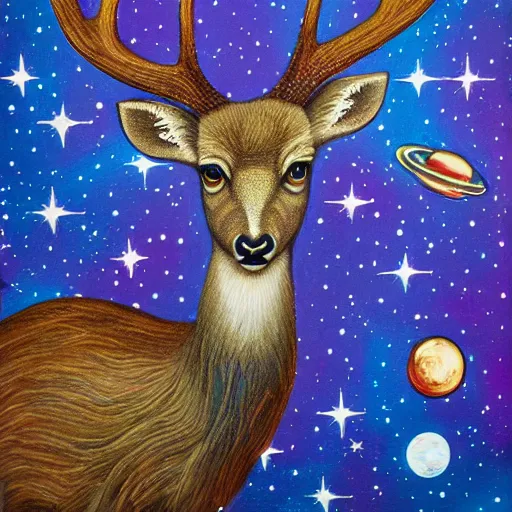 Image similar to wild deer in space, mural art