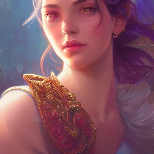 Prompt: close up portrait of a retrowave young woman, D&D, fantasy, intricate, elegant, highly detailed, digital painting, artstation, concept art, matte, sharp focus, illustration, hearthstone, art by Artgerm and Greg Rutkowski and Alphonse Mucha