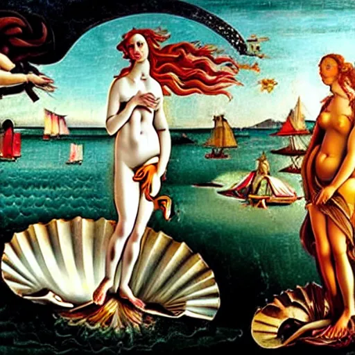 Image similar to birth of venus, steam punk!!!!!, in the style botticelli, 8 k, oil painting,