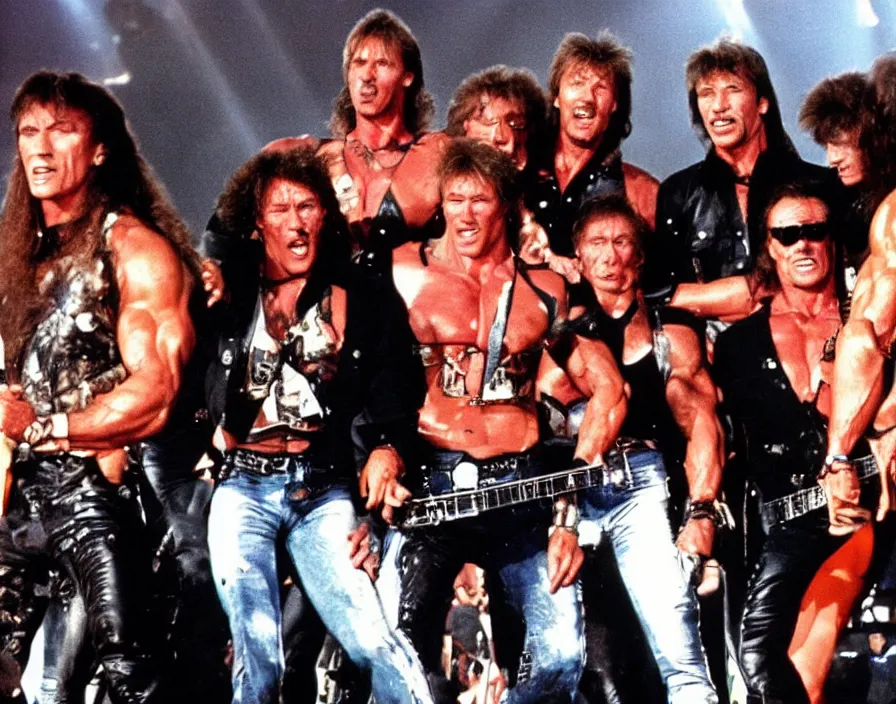 Image similar to colour photo off arnold schwarzenegger, sylvester stallone, dolph lundgren, Chuck Norris and Jean-Claude Van Damme in a heavy metal band, playing guitars, drums, on stage at monsters of rock 1985