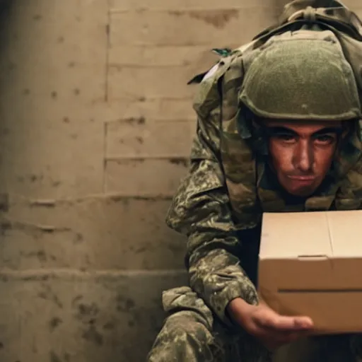 Prompt: an soldier hiding under cardboard box, in middle of war, cinematic