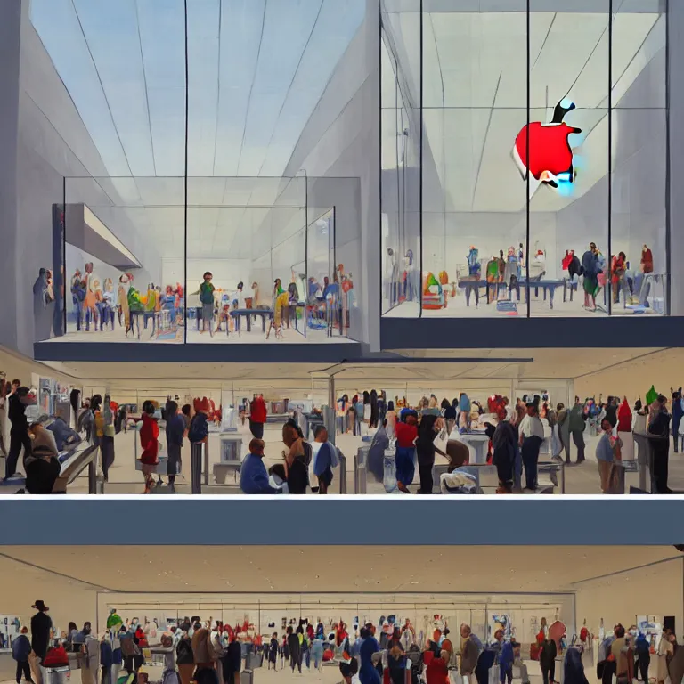Image similar to inside apple store on opening day in London, painted by Edward Hopper, painted by James Gilleard, airbrush