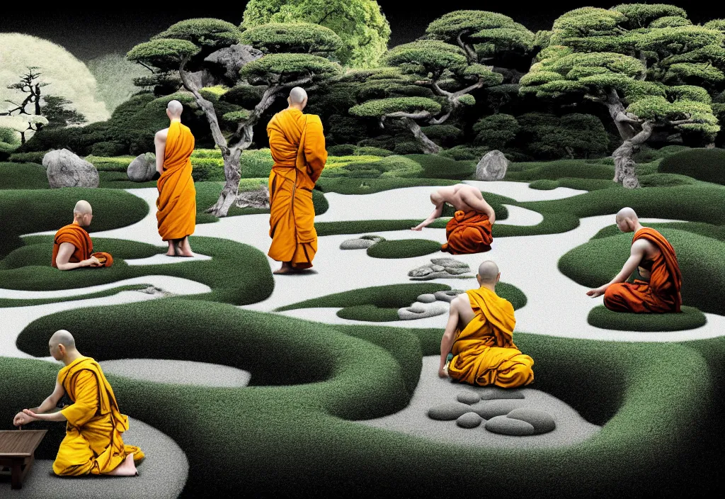 Prompt: monks tending a zen garden kyoto, japan, a collage painting, in the style of wes anderson, lola dupre, david hockney, isolated on negative white space background dark monochrome fluorescent neon spraypaint accents volumetric octane render