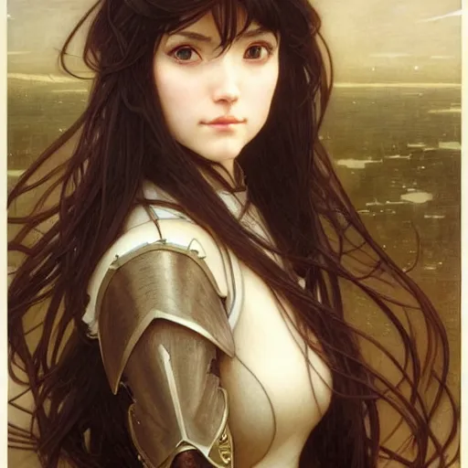 Image similar to Masterpiece head and shoulders portrait of a female Kazuto Kirigaya Kirito, young woman with brown long hair and bangs and wearing a long black coat breast-armor showing through, face, fantasy, intricate, elegant, highly detailed drawn by Donato Giancola and Fernanda Suarez and Artem Demura, face by Artgerm and Edmund Leighton, Alphonse Mucha, background by James Jean and Gustav Klimt, 4k, porcelain skin, komorebi, french nouveau, trending on pixiv, octane render, hyperrealistic