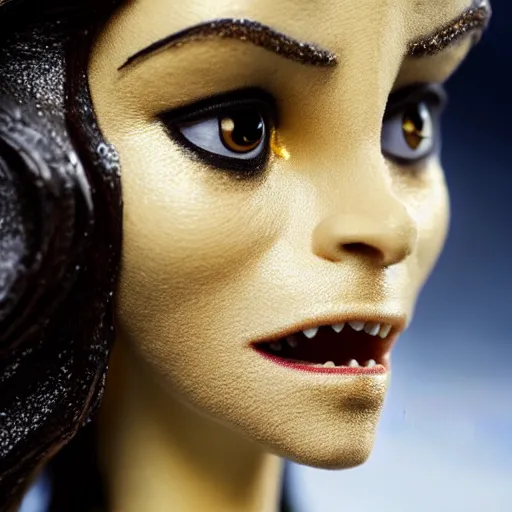 Prompt: photo taken of an epic intricate, ultra detailed, super realistic stop motion puppet of a majestic gracious regal aristocratic brunette female vampire created by weta workshop, menacing, some zoomed in shots, photorealistic, sharp focus, white wall, extremely cold blueish colour temperature, 3 5 mm, f 1. 4, golden ratio