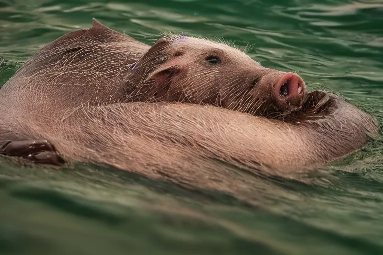 Image similar to a pig sea otter!!! hybrid! hyper realistic!! realistic lighting!! wildlife photographer of the year!!! bold natural colors, national geographic, hd, wide angle, 8 k