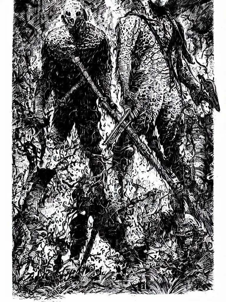 Image similar to Jason Voorhees as a D&D monster, pen-and-ink illustration, etching, by Russ Nicholson, DAvid A Trampier, larry elmore, 1981, HQ scan, intricate details, high contrast