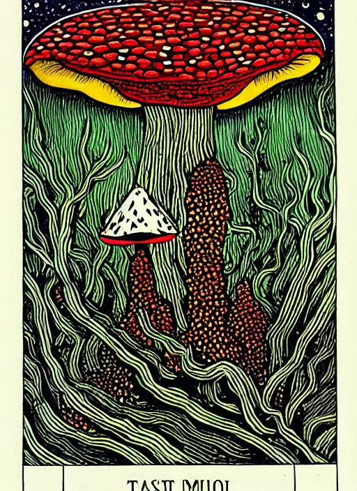 Prompt: tarot card designed by charles burns, painted with oil paint, depicting amanita muscaria, ritual, dmt space, intricate, ornate