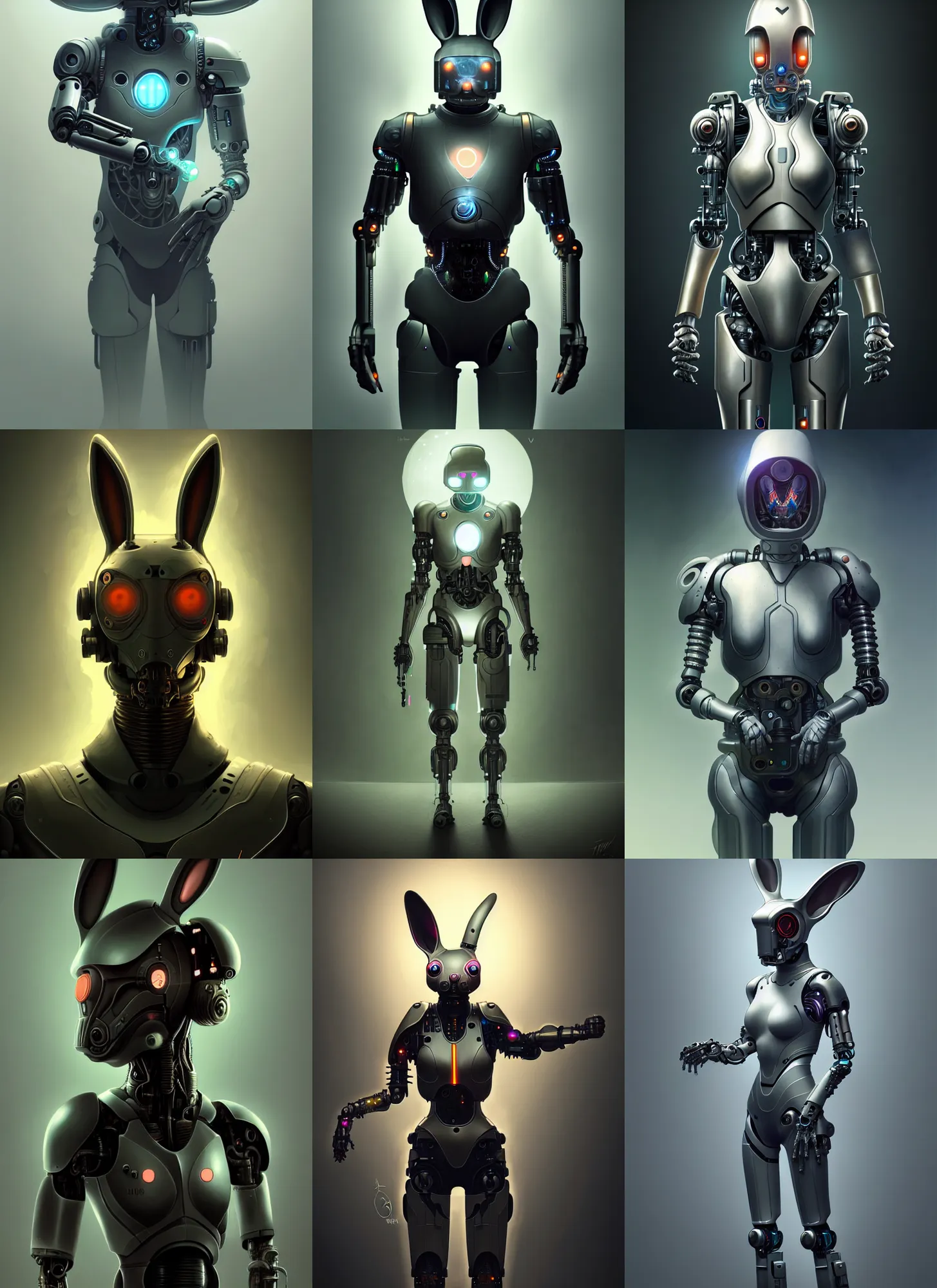 Prompt: a cyborg anthromorphic bunny in a cybersuit, diffuse lighting, fantasy, highly detailed, photorealistic, digital painting, artstation, illustration, concept art, smooth, sharp focus, in the style of tom bagshaw
