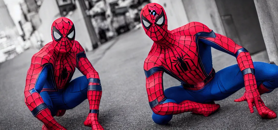 Image similar to Gigachad as Spider-Man, film still, wide-shot, full shot, cinematic lens, heroic portrait