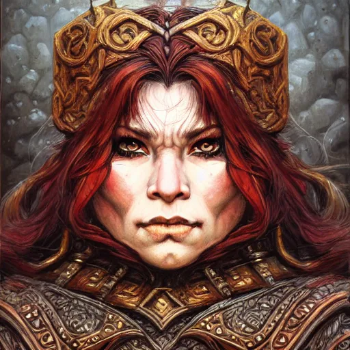 Image similar to portrait painting of a dwarven berserker woman, sharp focus, award - winning, trending on artstation, masterpiece, highly detailed, intricate. art by rebecca guay