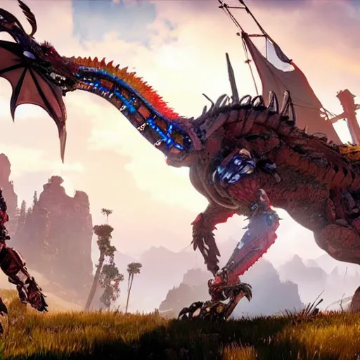 Image similar to cinematic still of horizon zero dawn, intact si - fi robotic fantasy dragon, highly detailed