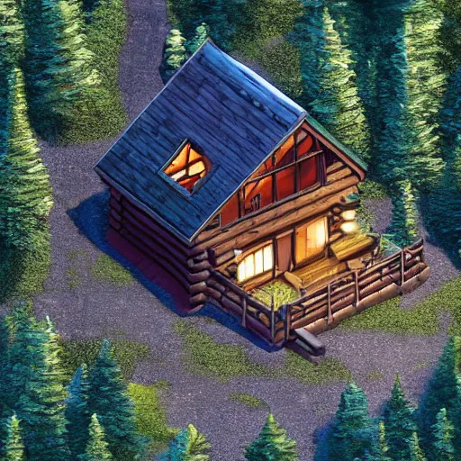 Image similar to concept art of a cabin in the woods, isometric view, detailed, volumetric lighting, unreal engine