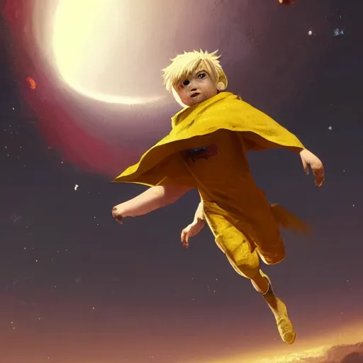 Image similar to blonde boy with bright yellow eyes wearing a brown cape and flying in t pose, space background, greg rutkowski