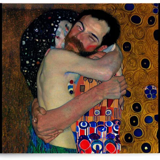 Prompt: a man hugging himself, Gustav Klimt painting